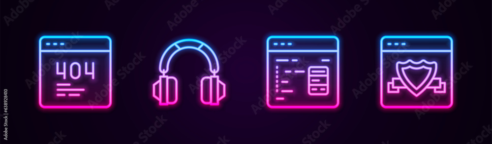 Poster set line page with a 404 error, headphones, software and browser shield. glowing neon icon. vector