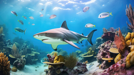 Naklejka premium Caribbean reef shark and coral reef