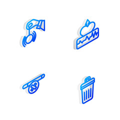 Set Isometric line Heartbeat increase, Hypnosis, No smoking and Trash can icon. Vector