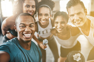 Portrait, happy gym selfie and friends training for power, workout and healthy exercise together. Face of diversity fitness group, men and women with smile for photograph, pride and sports community