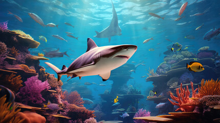 Fototapeta premium Caribbean reef shark and coral reef