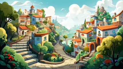 Illustration of a hillside village, cute little houses and interconnecting steps. - obrazy, fototapety, plakaty