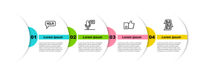 Set line Hola in different languages, Microphone voice device, Hand like and Speech bubble chat. Business infographic template. Vector © vector_v