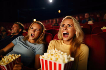 Excited Cinema-Goer Eating Popcorn Emotionally