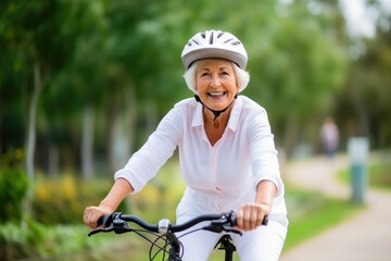 Obraz premium Focused Senior Woman Cycling Up Close