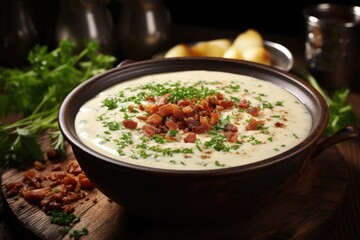 A bowl of creamy potato soup garnished with crispy bacon and chives. Generative AI