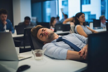 Fototapeta na wymiar Wakeful Workmates Amidst a Napping Office Companion