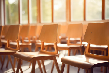 Solitude in School: Unoccupied Wooden Chairs in Classroom