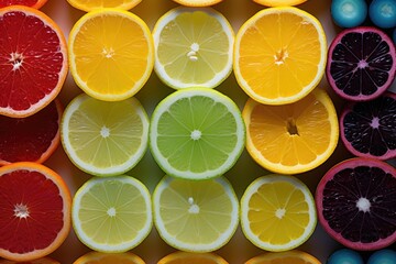 A tray of colorful tropical fruit slices arranged in a vibrant pattern. Generative AI