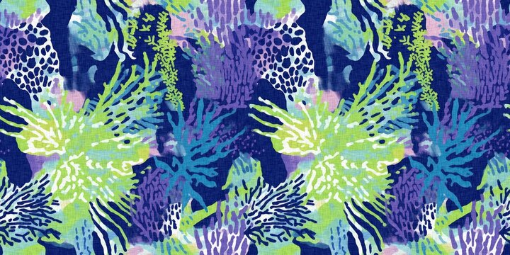 Tropical modern coastal pattern clash fabric coral reef border print for summer beach textile designs with a linen cotton effect. Seamless trendy underwater kelp and seaweed ribbon edge background
