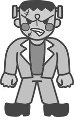 可愛くデフォルメした怒っているフランケンシュタインのモノクロイラスト