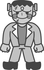可愛くデフォルメした笑顔のフランケンシュタインのモノクロイラスト