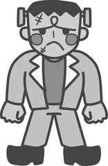 可愛くデフォルメした悲しんでいるフランケンシュタインのモノクロイラスト
