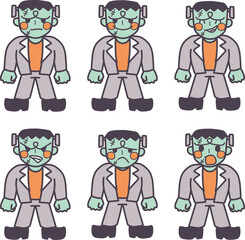 いろいろな表情の可愛くデフォルメしたフランケンシュタインのカラーイラストセット