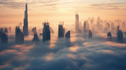 Dubai downtown is covered with dense fog in the winter.