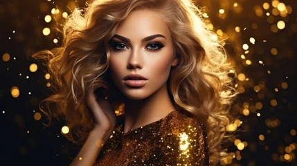 Fashion model woman in golden bright sparkles. Girl with golden skin and hair portrait closeup. Holiday glamour shiny professional makeup on black © Sasint