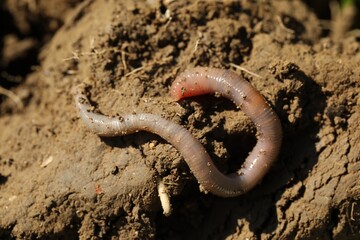 One worm crawling in wet soil on sunny day, closeup