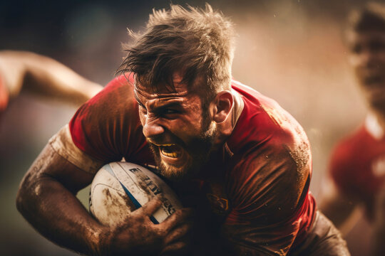 Intense Rugby Battle: Players Competing for Possession