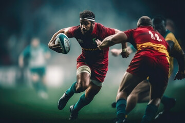 Fototapeta na wymiar Fierce Rugby Contest: Athletes Vie for Ball Possession
