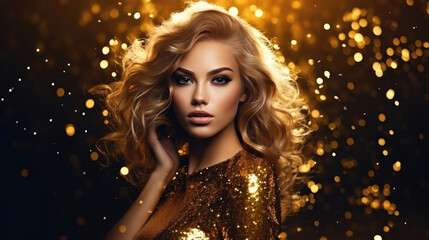 Fashion model woman in golden bright sparkles. Girl with golden skin and hair portrait closeup. Holiday glamour shiny professional makeup on black - obrazy, fototapety, plakaty