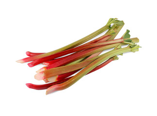 Obraz na płótnie Canvas Stalks of fresh rhubarb isolated on white, top view