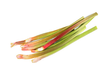 Stalks of fresh rhubarb isolated on white, top view