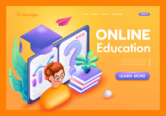 3D icons Isometric, cartoon. Young Red-haired boy with freckles in glasses is studying online. Institute, education, Courses, webinars. Trending Landing Page