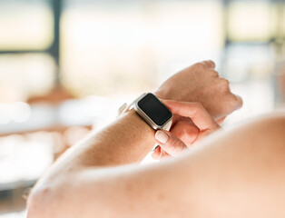 Smart watch, woman or hands of athlete for sports workout, heartbeat info or fitness progress on...