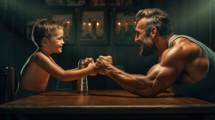Father and kid arm wrestling competition. - obrazy, fototapety, plakaty
