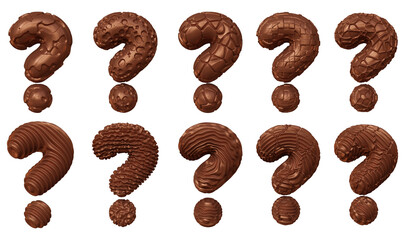Set of chocolate question mark symbol design. Ask icon or sign shape isolated on transparent background in 3d rendering.