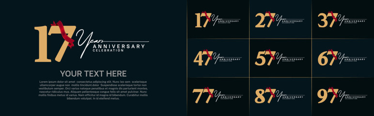 set of anniversary logo with golden number and red ribbon can be use for celebration