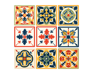 Set Mediterranean porcelain ceramics. Ethnic folk ornament. Mexican talavera, Portuguese azulejo or Spanish majolica.