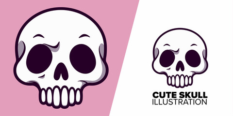 Cute skull head cartoon takes center stage in this Halloween vector icon illustration. Explore the spooky yet adorable skeleton flat cartoon style now.