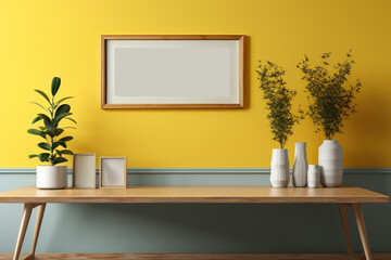 Tisch mit Blumenvasen und Freiraum für eine Produktpräsentation vor einer Mintgrünen und Gelben Wand mit einem leeren Bilderrahmen mit Freiraum. Poster-Template.
