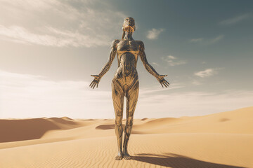 Crome robot woman posing with spread arms. Artificial intelligence rise and shiny. Mechanical beauty.