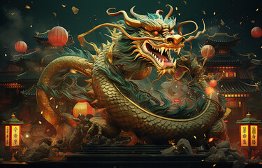 Fototapeta premium Green dragon in traditional style, mysterious monster from farytales and symbol of 2024 lunar year in Chinese calendar.