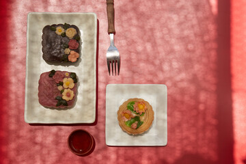 Mid-Autumn Festival food moon cake and tea on red background