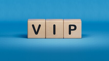 VIP. Cubes form the word VIP. The concept of the abbreviation VIP - Very Important Person.3D rendering on blue background.
