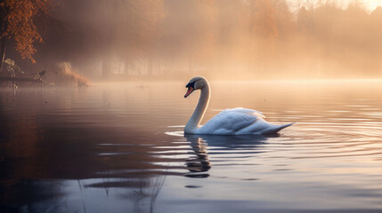 A swan in the lake with mist in the morning