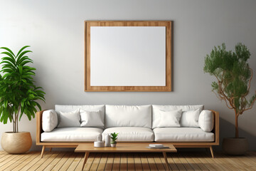 Wohnzimmer mit gemütlichem weißem Sofa und einem großen leeren Bilderrahmen Mockup mit Freiraum vor einer grauen Wand.  - 638933258