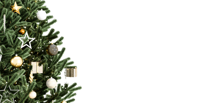 Close up christmas tree with red ribbon on white