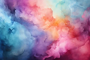 Poster Abstract art, Pastel Rainbow sky with purple, orange, and green clouds in the style of vibrant stage backdrops, with a dark pink and dark orange background © RBGallery