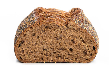 Dark rye bread with poppy seeds, sesame seeds, and others. Isolate on a white background.