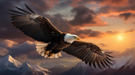 Fototapeta premium Bald eagle flying above the clouds at sunset