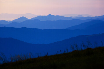 Amazing Carpathian mountains evening layers view near Dragobrat, Ukraine - obrazy, fototapety, plakaty