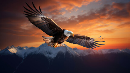 Fototapeta premium Bald eagle flying above the clouds at sunset