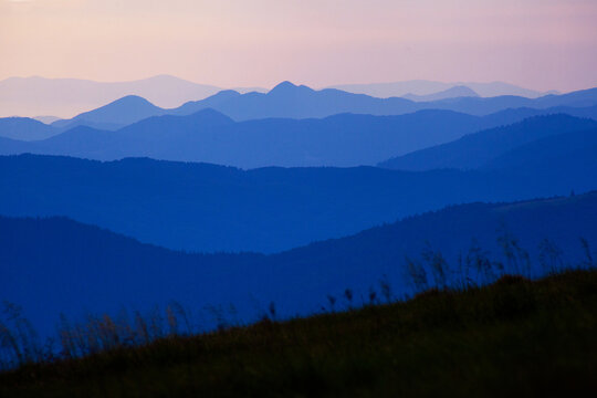 Amazing Carpathian mountains evening layers view near Dragobrat, Ukraine