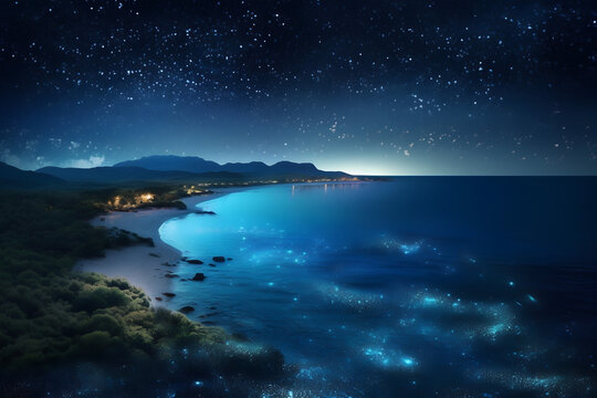 Ocean illuminated with fluorescent lights at night with starry sky, fantasy image for background, poster, print, AI generated © Patrizia Paradiso
