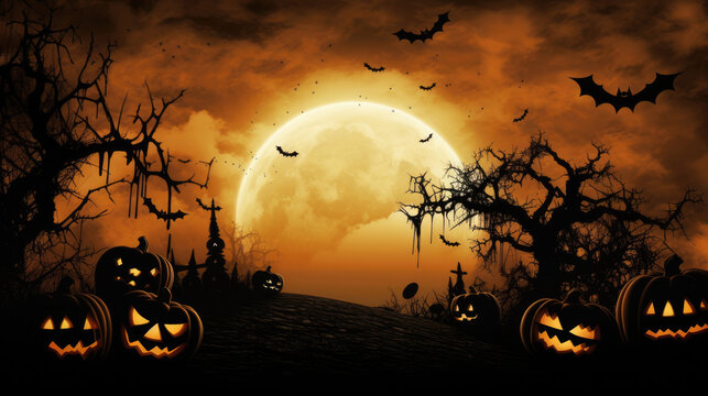Orange Halloween background with Moon on sky, pumpkins and werewolf, grunge decoration with cobweb, spiders and flying bats