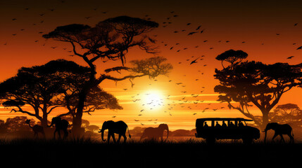 Naklejka premium Silhouette of African safari scene with animals and vehicle